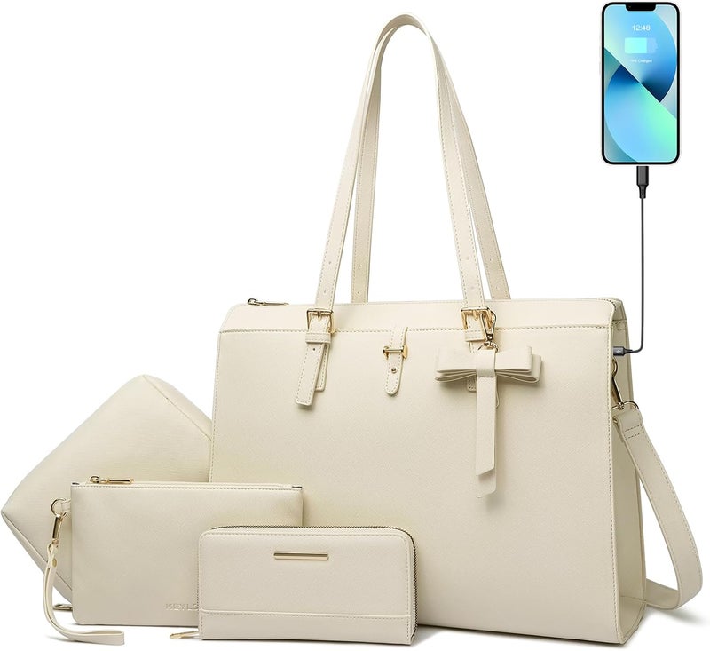 Keyli 4pc Sets Laptop Bag for Women Large Leather Laptop Briefcase with USB Charging Port Computer Shoulder tote Bags Purse - Image 1
